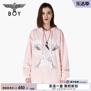 BOYLONDON潮牌套头衫男女同款斜纹印花酷飒风粉色连帽卫衣N04013