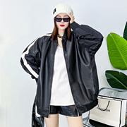 韩版皮衣女2023年冬季绵羊皮黑色长袖棒球服真皮宽松休闲外套