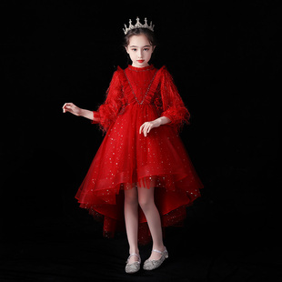 女童红色新年礼服公主裙蓬蓬，纱儿童晚礼服女孩，高端钢琴演出服冬季