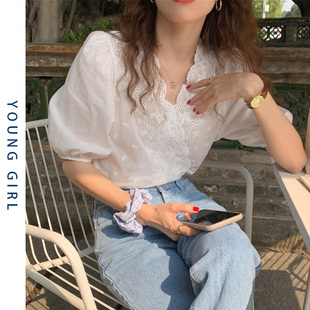 刺绣泡泡袖衬衫女夏白色，短袖2023年韩版法式小众，蕾丝花边上衣