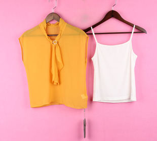 hp90999品牌折扣女夏休闲套头，无袖黄衬衫(黄衬衫，)白色吊带两件套