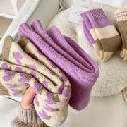 羊绒毛圈加厚秋冬女袜保暖中筒袜子紫色爱心横条毛圈袜子冬季袜子