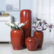 手工制作景德镇陶瓷器落地大花瓶摆件客厅创意红色陶瓷花瓶四件套