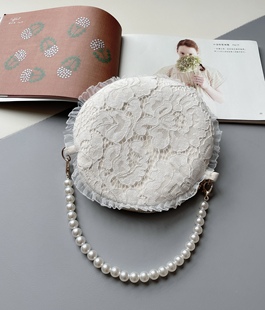 fishlimit原创圆形白色蕾丝带，花边珍珠链条小挎包手拿包可爱日韩
