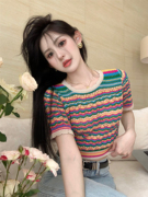 韩版复古彩虹条纹镂空短袖女2024设计圆领，微透针织衫t恤上衣