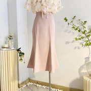 粉色鱼尾裙半身裙女夏中长款高腰a字包臀裙纯色，气质长裙显瘦裙子