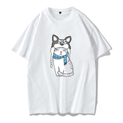 猫图案粉色短袖T恤男 卡通半袖可爱小清新潮牌春夏季男生男潮纯棉