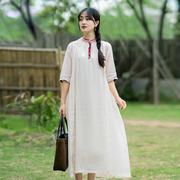 浅粉色绣花苎麻宽松连衣裙 2022年夏季新中式高端五分袖薄款长裙