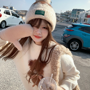 yukixiaoshu小熊蝴蝶结海马毛针织衫，甜美可爱软糯圆领，毛衣