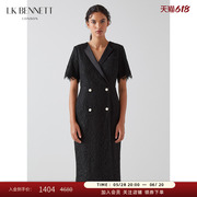 lkbennett黑色蕾丝连衣裙女春秋短袖v领修身一步西装裙通勤礼服