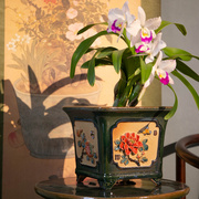 陶一峰经9寸圆角方盆贴花，兰盆石湾传统釉彩，陶瓷花盆仿古中式