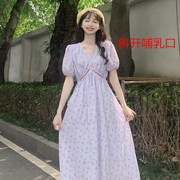 哺乳衣夏季外出辣妈款2023w收腰显瘦V领小清新碎花哺乳连衣裙