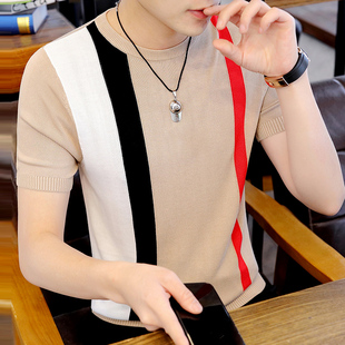 潮牌短袖T恤男夏季韩版修身条纹冰丝针织打底体恤衫薄款网红帅气