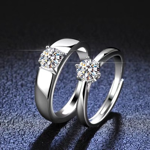 A STAR莫桑石钻戒18K白金情侣男女对戒一对纯银求婚结婚礼物戒指