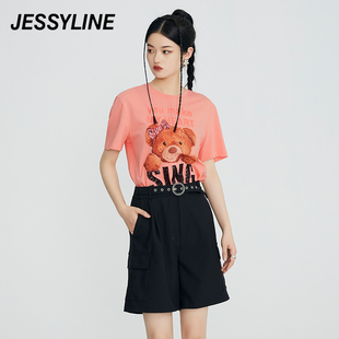 jessyline 2022年夏装 杰茜莱女装字母小熊亮片短袖T恤女上衣