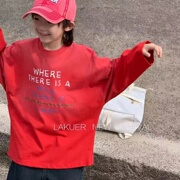 bora拉酷儿韩国2023春季男童长袖打底上衣字母宽松女童红色T恤衫