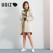 ugiz春秋季韩版女装纯色，中长款假两件连帽风衣，外套女uchd901
