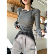地球店灰色修身显瘦百搭长袖T恤女秋冬设计感高弹针织打底衫