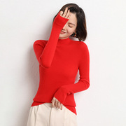 红色羊毛衫女秋冬半高领，长袖套头针织衫，一寸领线衣中领加厚打底衫