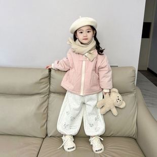 女童冬款套装2023冬季女宝韩版夹棉棉服儿童洋气一体绒卫裤两件套