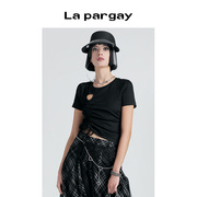 Lapargay纳帕佳夏季女装黑色短款上衣个性时尚休闲短袖T恤潮