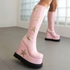皮靴欧美性感厚底高跟高筒靴女坡跟靴白色粉红色靴子大码女靴 HTM