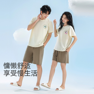 绮瑞睡衣女款2025新款夏季情侣纯棉短袖短裤家居服一男一女套装