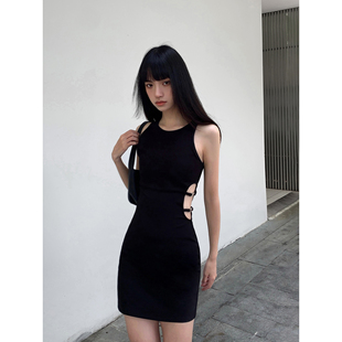 NEVA HU黑色针织连衣裙女设计感夏季气质修身无袖背心包臀裙