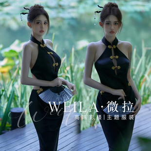 2023新年照性感时尚中式国风复古黑色旗袍鱼尾礼服写真舞台演出服