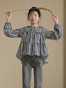 2024春季日系文艺长袖娃娃衫中大女童黑白格上衣宽松小个子棉衬衫