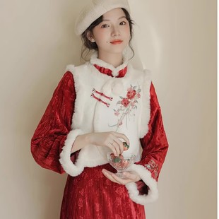 红色旗袍女秋冬款唐装中国风，女装中式马甲冬季拜年服新中式连衣裙