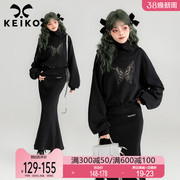 keiko镂空蝴蝶绣花黑色，短款卫衣2024春季美式甜辣宽松半高领上衣
