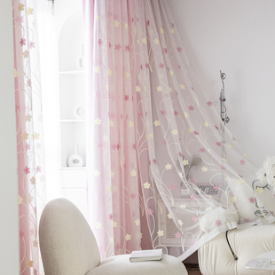 现代简约粉色窗帘遮光卧室客厅飘窗窗帘布刺绣窗纱纱帘成品遮阳帘