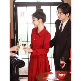 新中式敬酒服2023新娘套装秀禾服娃娃领旗袍冬季红色订婚礼服