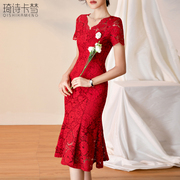 红色蕾丝连衣裙2024夏季气质，女神范修身(范修身)包臀鱼尾摆中长款裙子