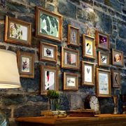 美式实木照片墙相框墙组合复古客厅餐厅走廊，过道装饰免打孔挂墙