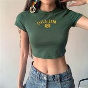 #sisjuly#美式街头个性，复古修身t恤女墨绿色字母刺绣显瘦露脐上衣