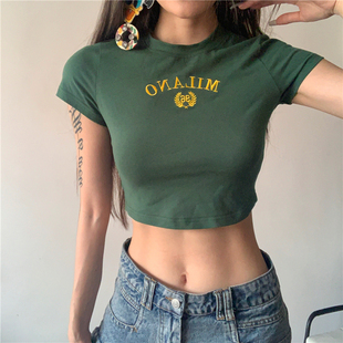 #sisjuly#美式街头个性复古修身t恤女墨绿色，字母刺绣显瘦露脐上衣