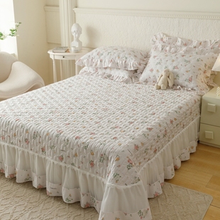 全棉夹棉加厚床单纯棉床盖韩版欧根纱蕾丝清新1.5m1.8米双人床罩