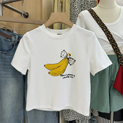 香蕉印花高腰短袖T恤女夏季小版宽松圆领通勤上衣纯棉打底衫9348