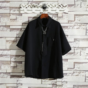 夏季暗黑宽松蝙蝠袖衬衫个性大码t恤原创独特加领带山本风衬衣潮