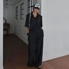 韩国2023夏季女士黑色，短袖宽松衬衫阔腿长裤套装显瘦高腰休闲