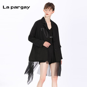 纳帕佳印花长袖宽松西装外套，2024春季女式黑色个性设计感上衣