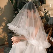 新娘主婚纱复古卷边钉珠，结婚拍照超仙森系短款影楼写真道具头纱