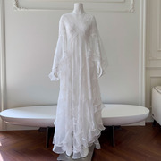 白色仙女裙闪光纱镂空拼接蕾丝拖地长裙仙气森系复古连衣裙68034