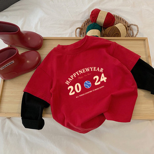 2024龙年新年衣服儿童假两件宝宝t恤长袖男女童红色喜庆洋气上衣