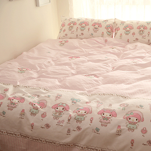 小米馍馍粉色条纹，卡通可爱精梳纯棉少女床单，床笠四件套床上用品