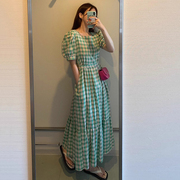 韩国chic夏季复古气质方领撞色提花系带收腰显瘦短袖格子连衣裙女