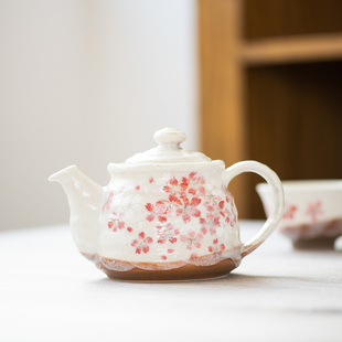 日本进口美浓濑户烧日式手绘樱花，粗陶瓷煮泡茶壶煎茶杯子茶具礼盒