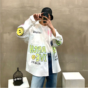 MRDONG韩国男装街头潮流设计师荧光色涂鸦中长款大码长袖衬衫